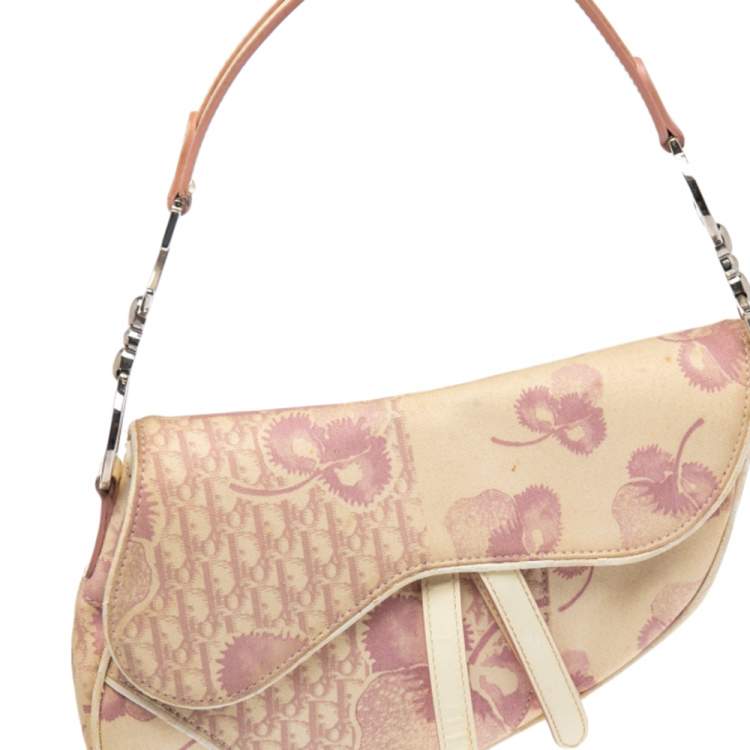 Pre Owned Dior Beige/Pink Floral Oblique Canvas Saddle Bag