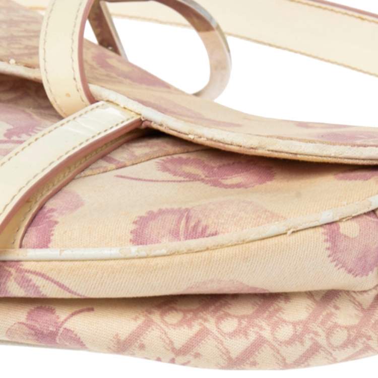 Pre Owned Dior Beige/Pink Floral Oblique Canvas Saddle Bag