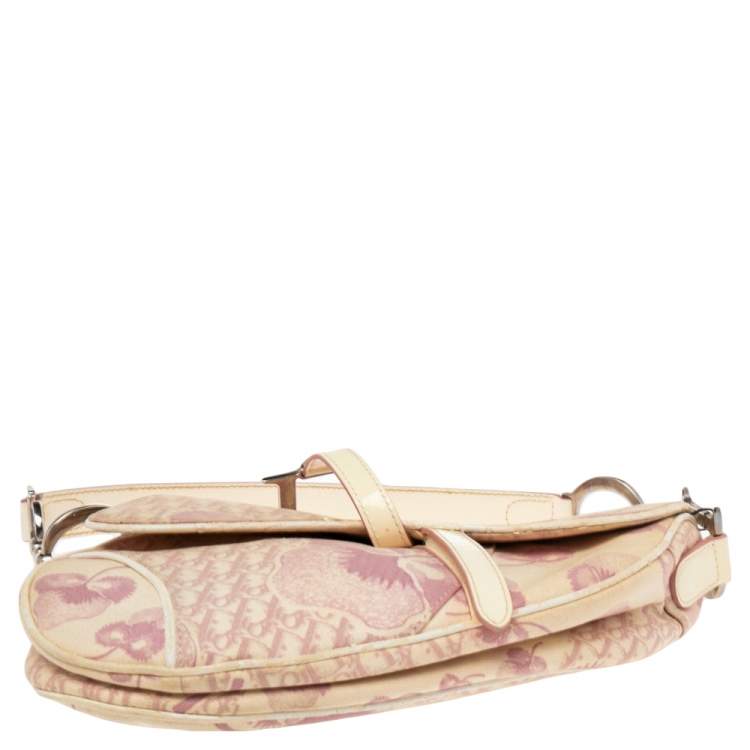 Pre Owned Dior Beige/Pink Floral Oblique Canvas Saddle Bag
