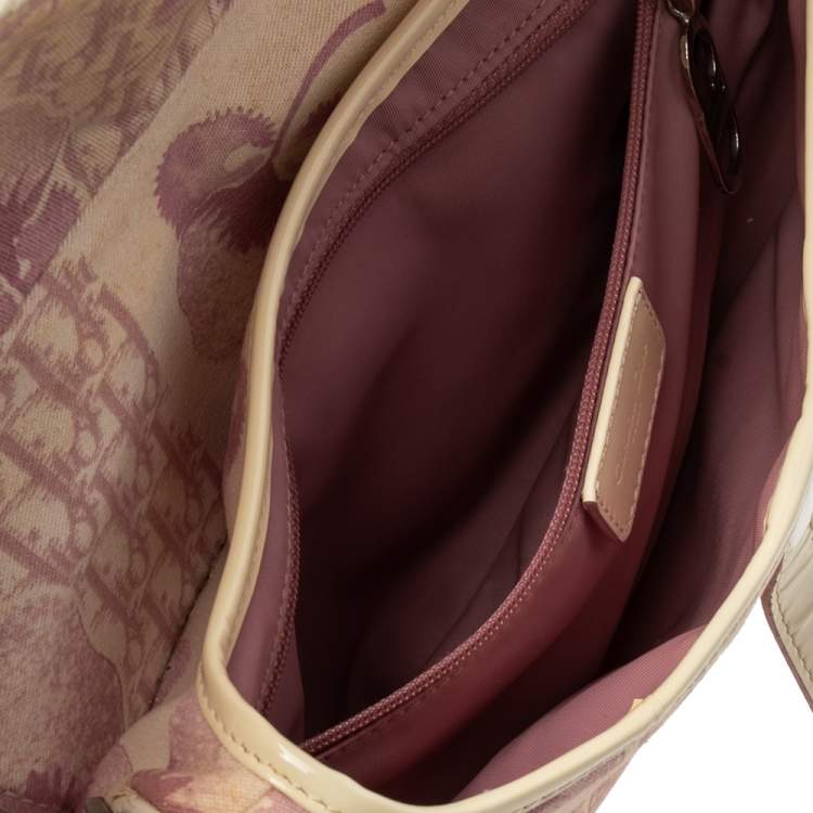 Pre Owned Dior Beige/Pink Floral Oblique Canvas Saddle Bag