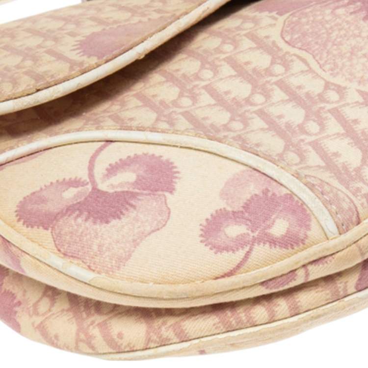 Pre Owned Dior Beige/Pink Floral Oblique Canvas Saddle Bag