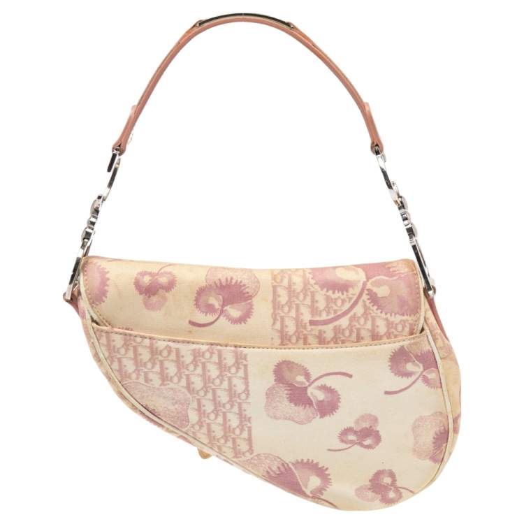 Pre Owned Dior Beige/Pink Floral Oblique Canvas Saddle Bag