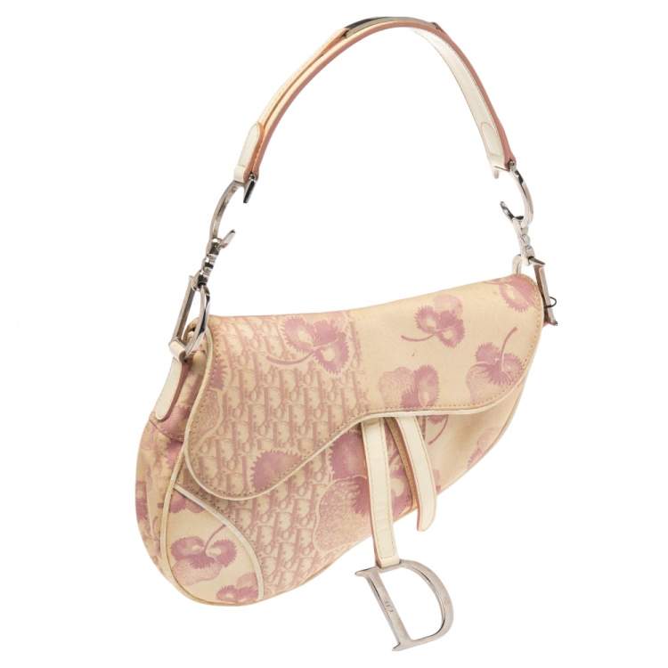 Pre Owned Dior Beige/Pink Floral Oblique Canvas Saddle Bag