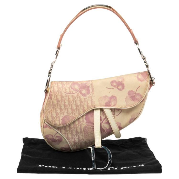 Pre Owned Dior Beige/Pink Floral Oblique Canvas Saddle Bag