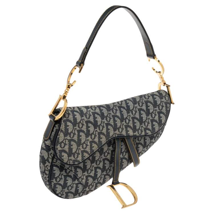 Pre Owned Dior Blue Oblique Canvas and Leather Saddle Bag