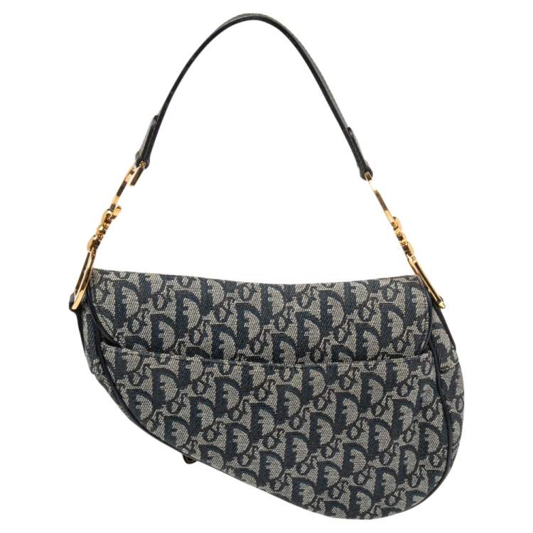 Pre Owned Dior Blue Oblique Canvas and Leather Saddle Bag