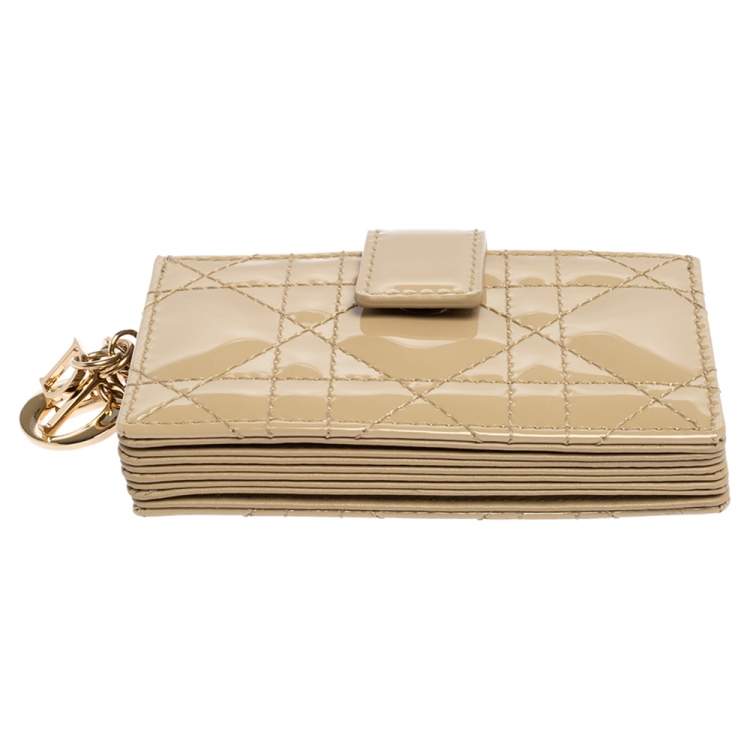 Pre Owned Dior Beige Cannage Patent Leather And Leather Lady Dior 5 Gusset Card Holder