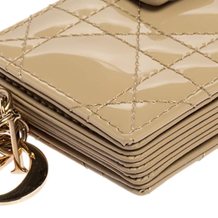 Pre Owned Dior Beige Cannage Patent Leather And Leather Lady Dior 5 Gusset Card Holder