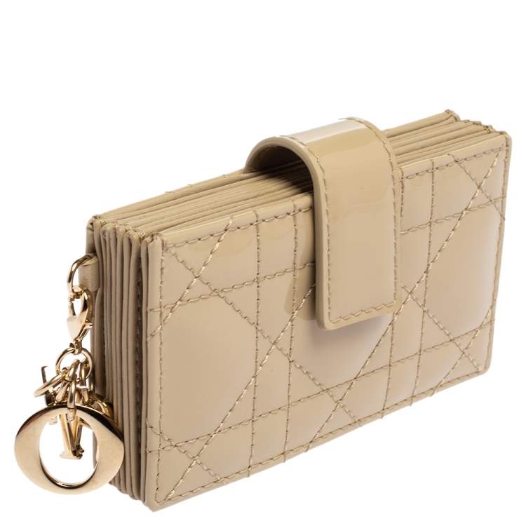 Pre Owned Dior Beige Cannage Patent Leather And Leather Lady Dior 5 Gusset Card Holder