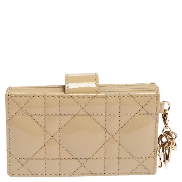 Pre Owned Dior Beige Cannage Patent Leather And Leather Lady Dior 5 Gusset Card Holder