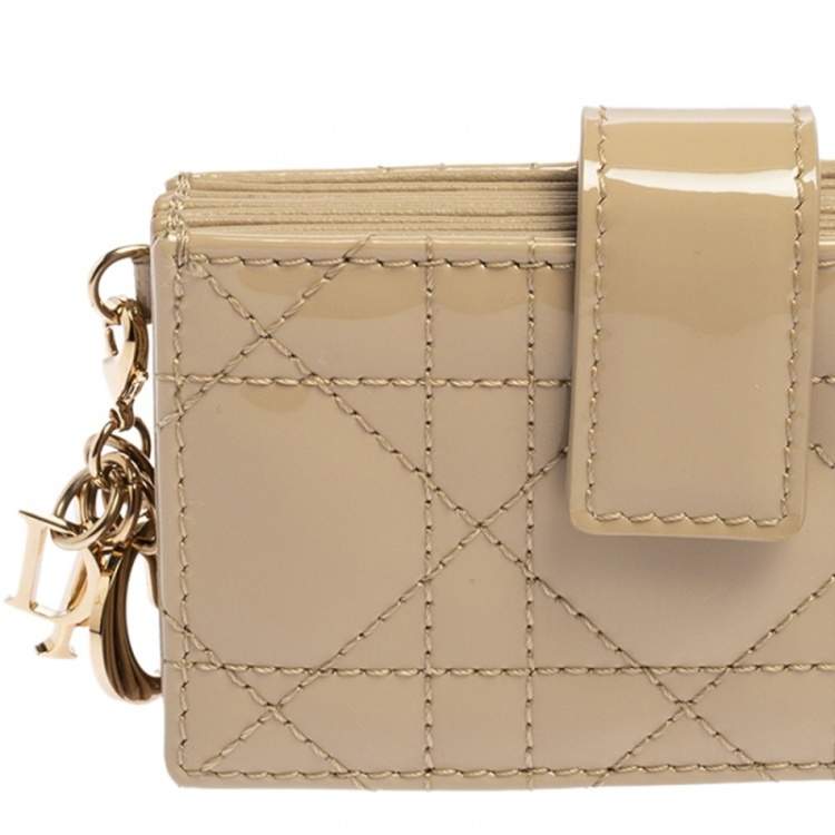 Pre Owned Dior Beige Cannage Patent Leather And Leather Lady Dior 5 Gusset Card Holder