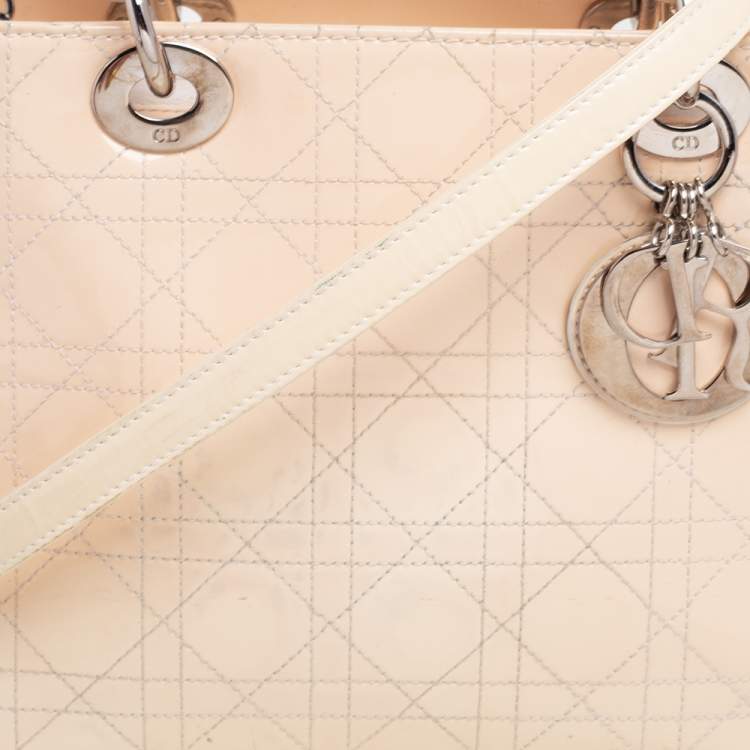 Pre Owned Dior Cream Cannage Patent Leather Medium Lady Dior Tote