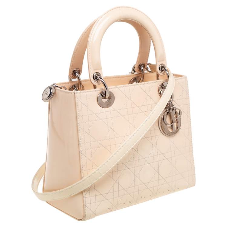 Pre Owned Dior Cream Cannage Patent Leather Medium Lady Dior Tote
