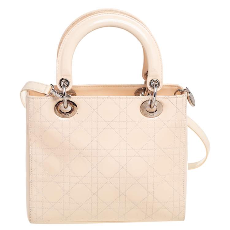 Pre Owned Dior Cream Cannage Patent Leather Medium Lady Dior Tote