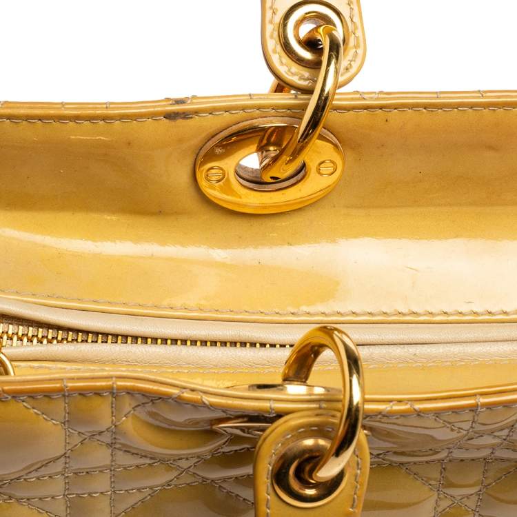 Pre Owned Dior Yellow Cannage Patent Leather Large Lady Dior Tote