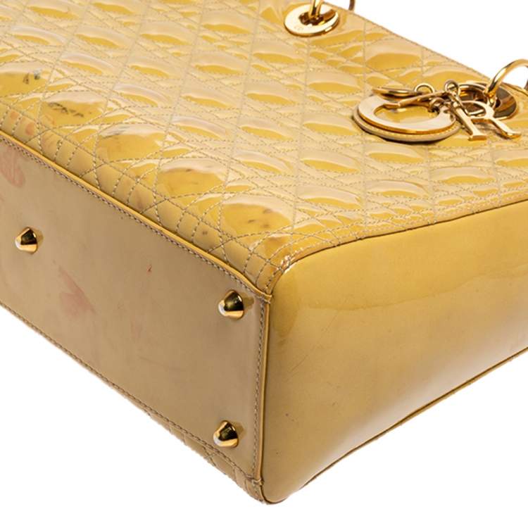 Pre Owned Dior Yellow Cannage Patent Leather Large Lady Dior Tote