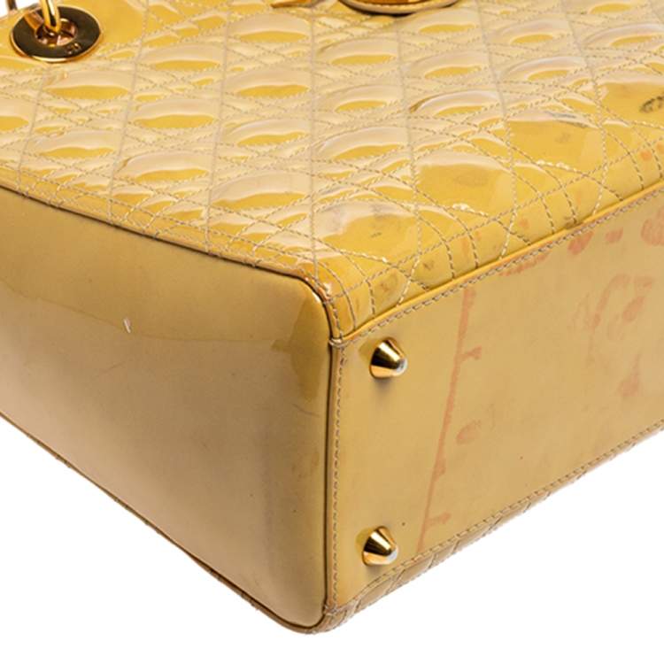 Pre Owned Dior Yellow Cannage Patent Leather Large Lady Dior Tote
