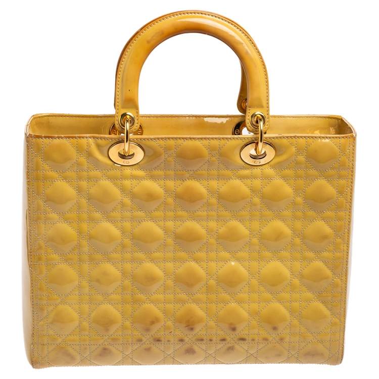 Pre Owned Dior Yellow Cannage Patent Leather Large Lady Dior Tote