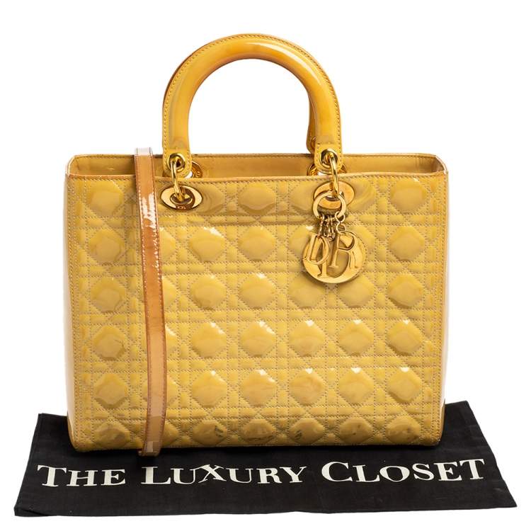 Pre Owned Dior Yellow Cannage Patent Leather Large Lady Dior Tote