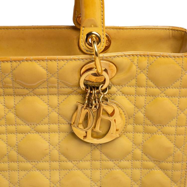 Pre Owned Dior Yellow Cannage Patent Leather Large Lady Dior Tote