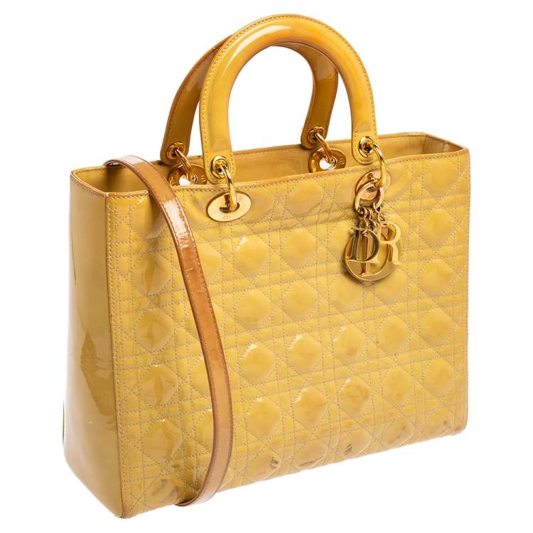 Pre Owned Dior Yellow Cannage Patent Leather Large Lady Dior Tote