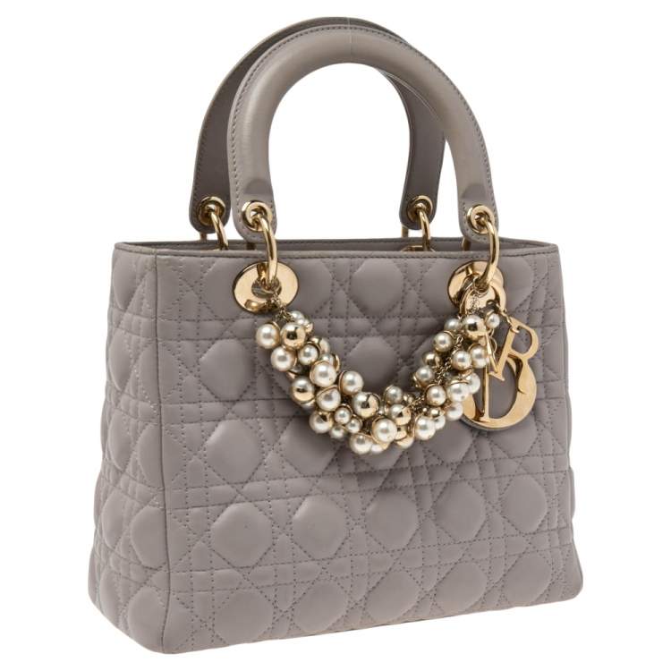 Pre Owned Dior Grey Cannage Leather Pearl Embellished Medium Lady Dior Tote