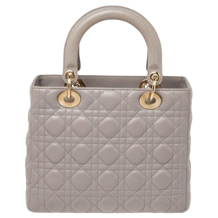 Pre Owned Dior Grey Cannage Leather Pearl Embellished Medium Lady Dior Tote