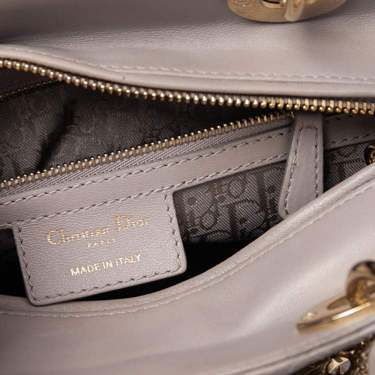 Pre Owned Dior Grey Cannage Leather Pearl Embellished Medium Lady Dior Tote