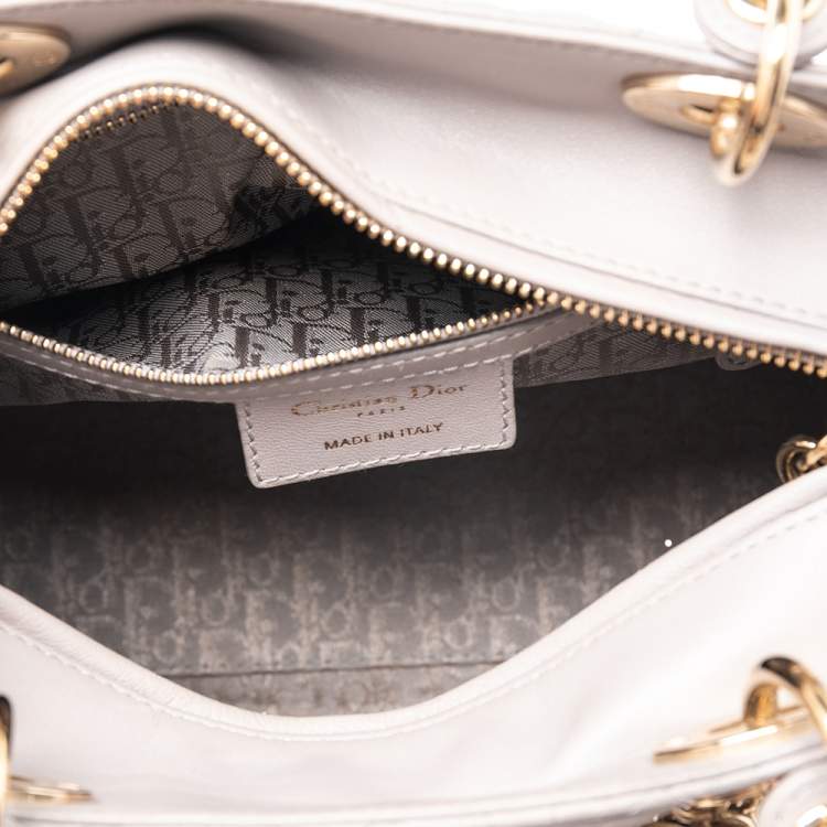 Pre Owned Dior Grey Cannage Leather Pearl Embellished Medium Lady Dior Tote