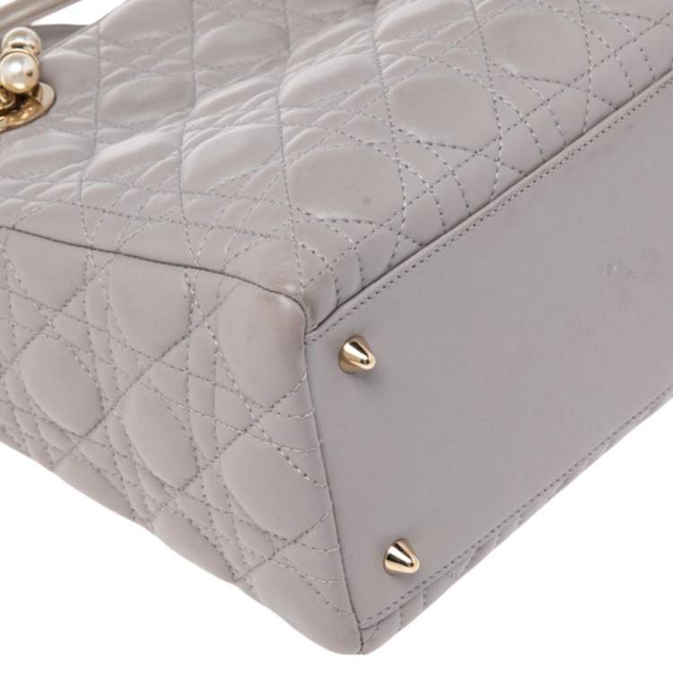 Pre Owned Dior Grey Cannage Leather Pearl Embellished Medium Lady Dior Tote