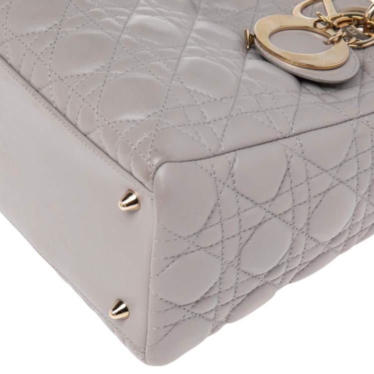 Pre Owned Dior Grey Cannage Leather Pearl Embellished Medium Lady Dior Tote