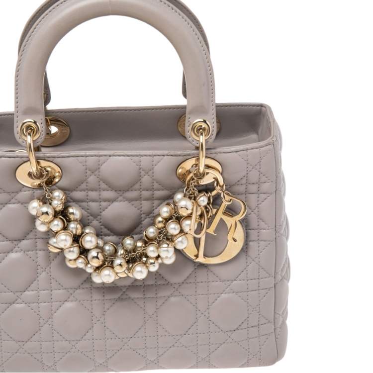 Pre Owned Dior Grey Cannage Leather Pearl Embellished Medium Lady Dior Tote
