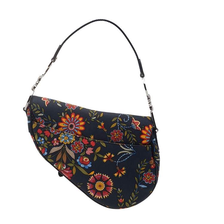 Pre Owned Dior Black Canvas And Leather Vintage Floral Print Saddle Bag