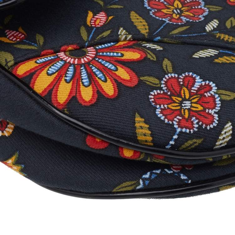 Pre Owned Dior Black Canvas And Leather Vintage Floral Print Saddle Bag