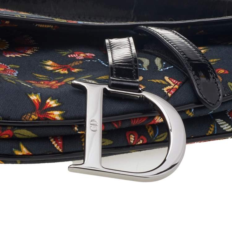 Pre Owned Dior Black Canvas And Leather Vintage Floral Print Saddle Bag