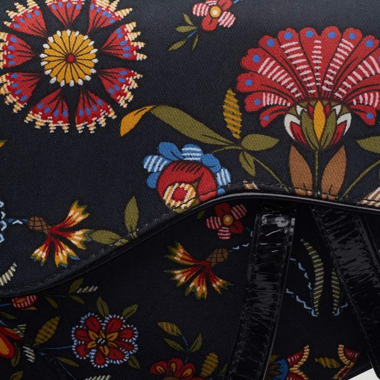 Pre Owned Dior Black Canvas And Leather Vintage Floral Print Saddle Bag