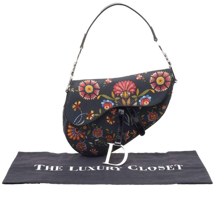 Pre Owned Dior Black Canvas And Leather Vintage Floral Print Saddle Bag
