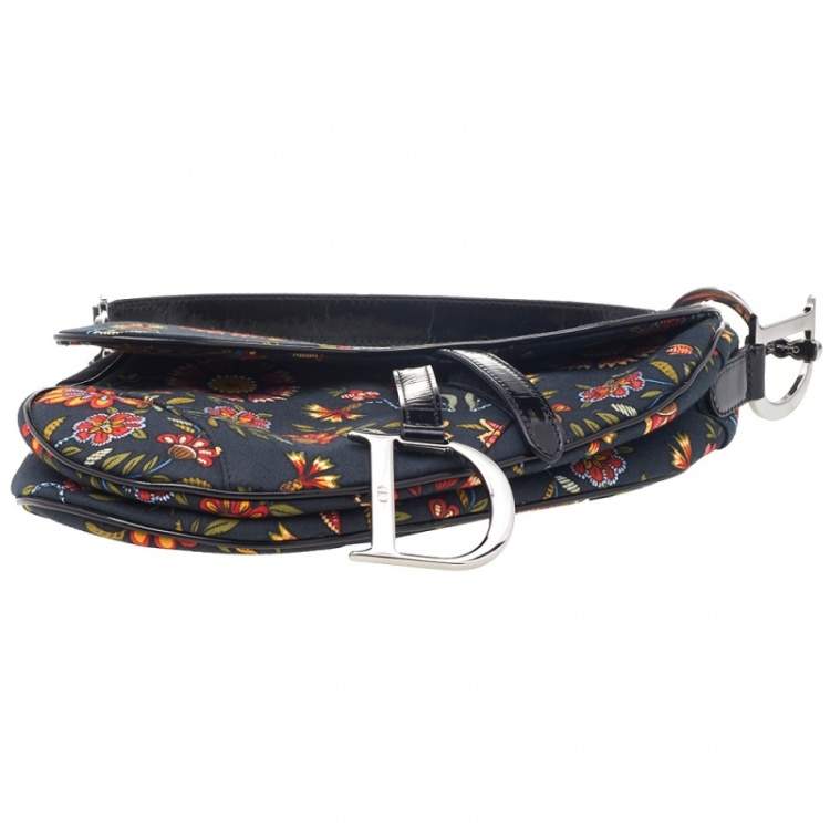 Pre Owned Dior Black Canvas And Leather Vintage Floral Print Saddle Bag