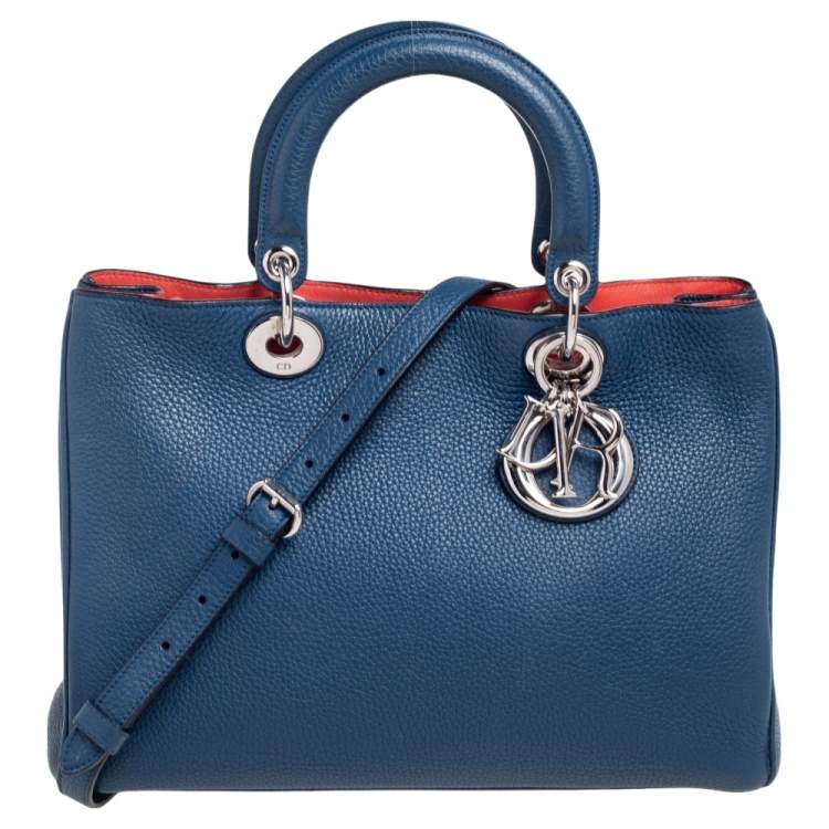 Pre Owned Dior Blue Grained Leather Medium Diorissimo Shopper Tote