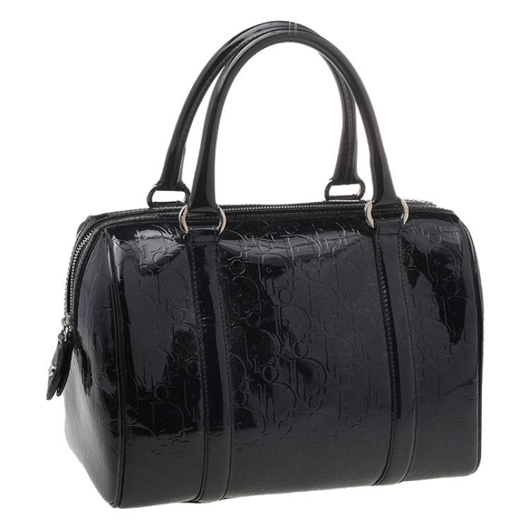 Pre Owned Dior Black Oblique Monogram Patent Leather Boston Bag
