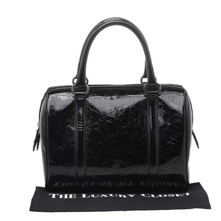 Pre Owned Dior Black Oblique Monogram Patent Leather Boston Bag