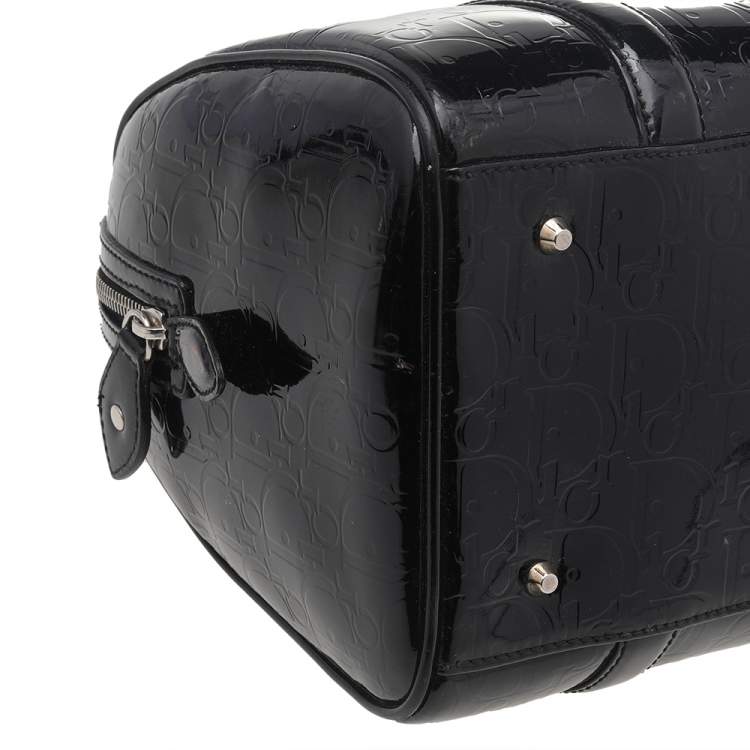 Pre Owned Dior Black Oblique Monogram Patent Leather Boston Bag