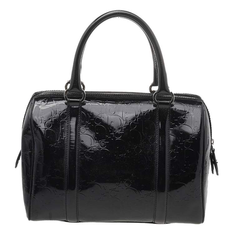 Pre Owned Dior Black Oblique Monogram Patent Leather Boston Bag