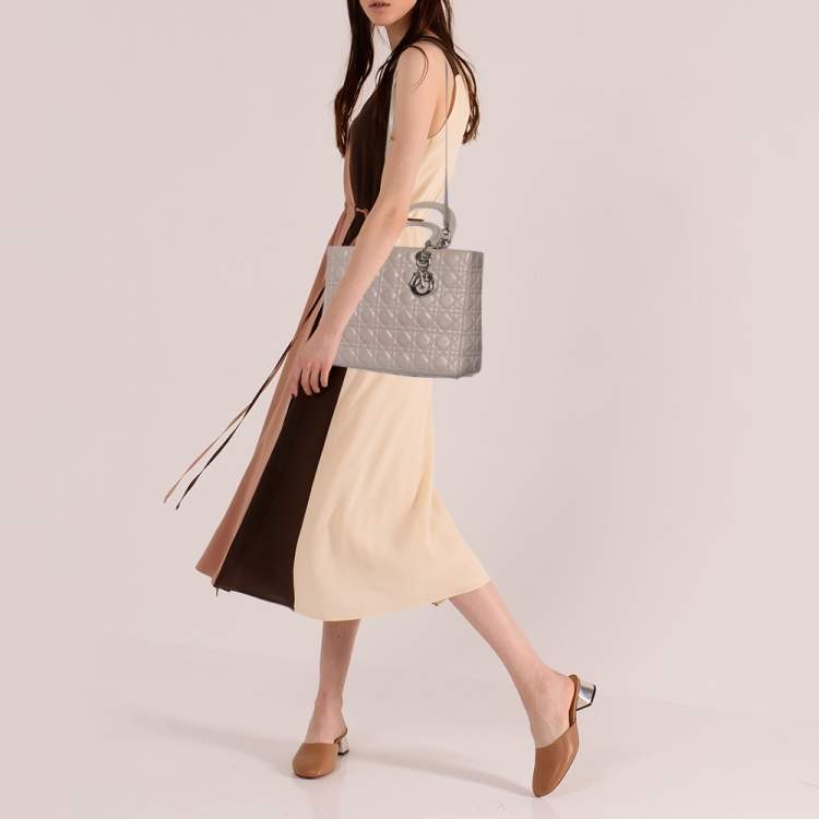 Pre Owned Dior Grey Cannage Leather Large Lady Dior Tote