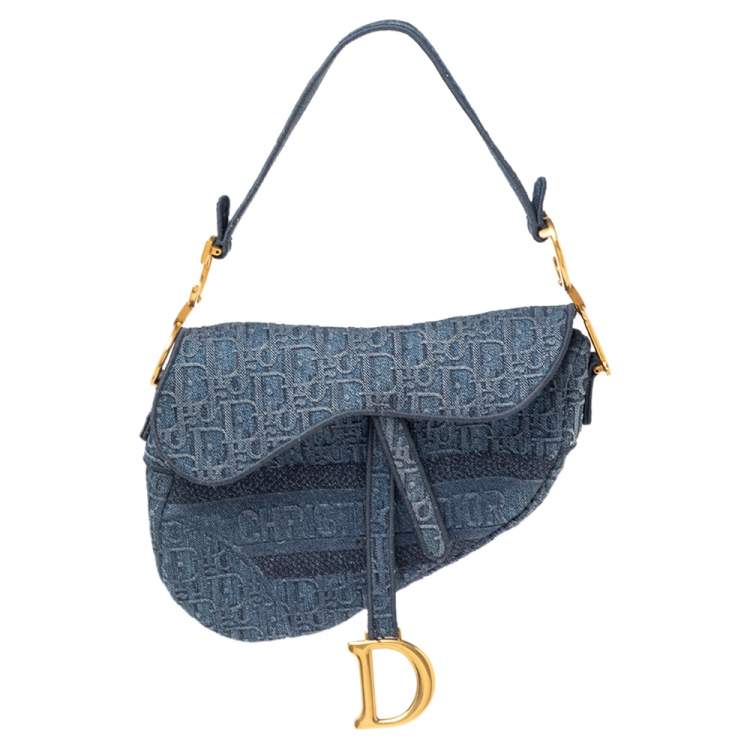 Pre Owned Dior Blue Oblique Denim Saddle Bag