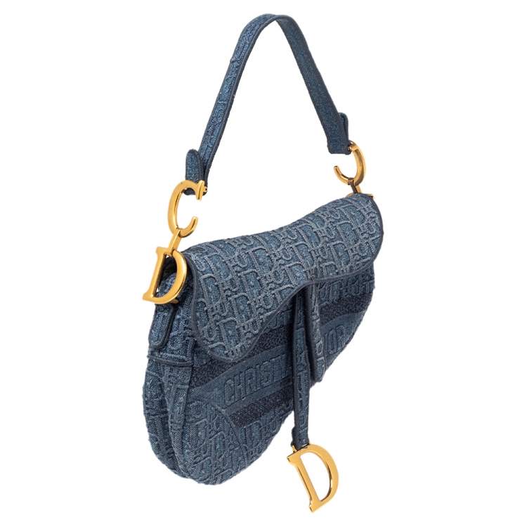 Pre Owned Dior Blue Oblique Denim Saddle Bag