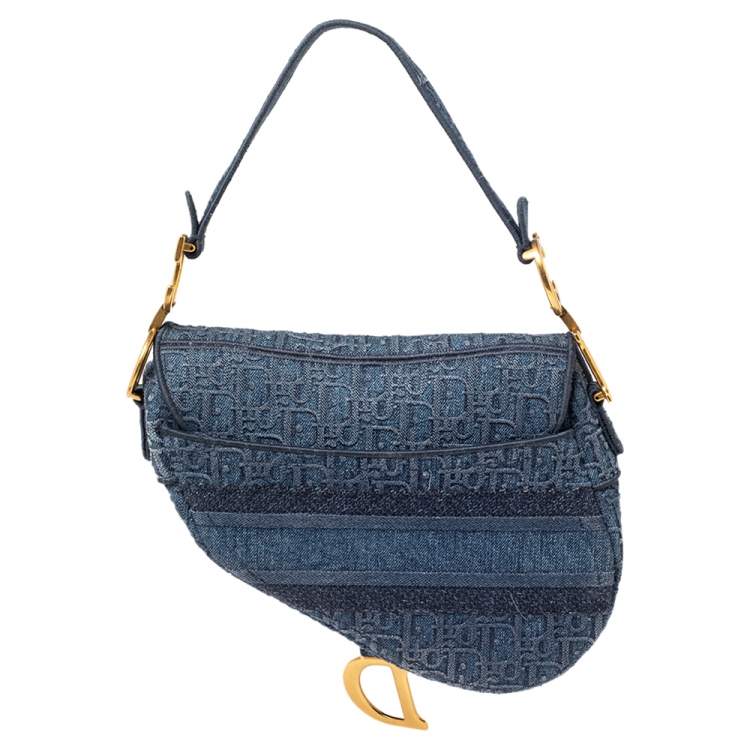 Pre Owned Dior Blue Oblique Denim Saddle Bag