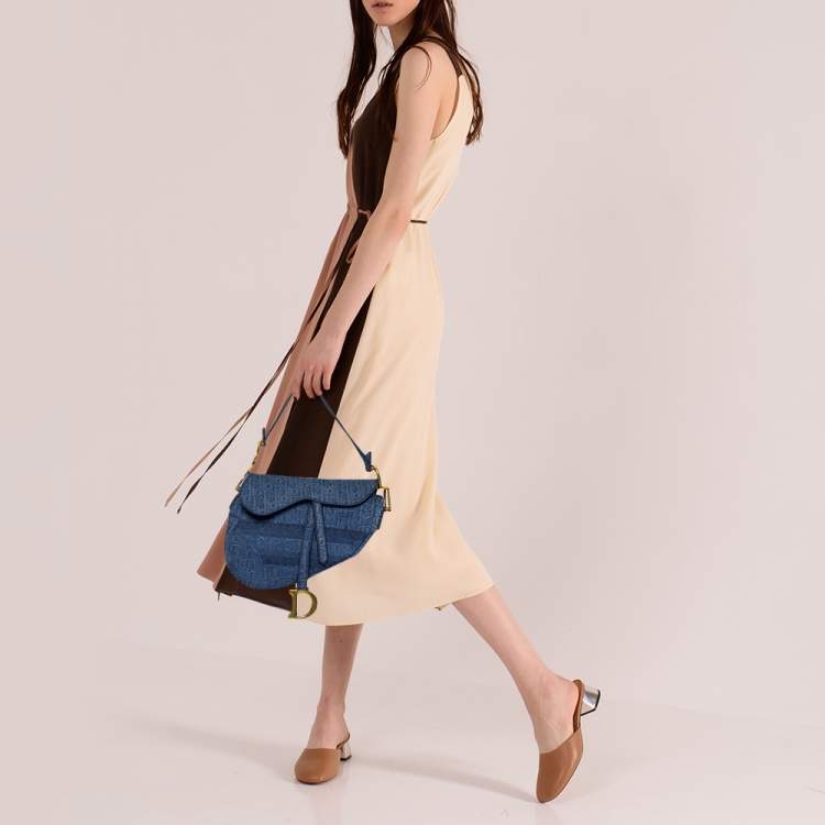 Pre Owned Dior Blue Oblique Denim Saddle Bag