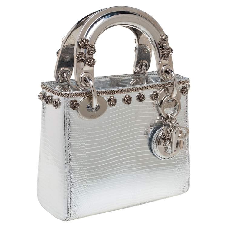 Pre Owned Dior Silver Lizard Embossed Leather Flower Studs Mini Lady Dior Tote