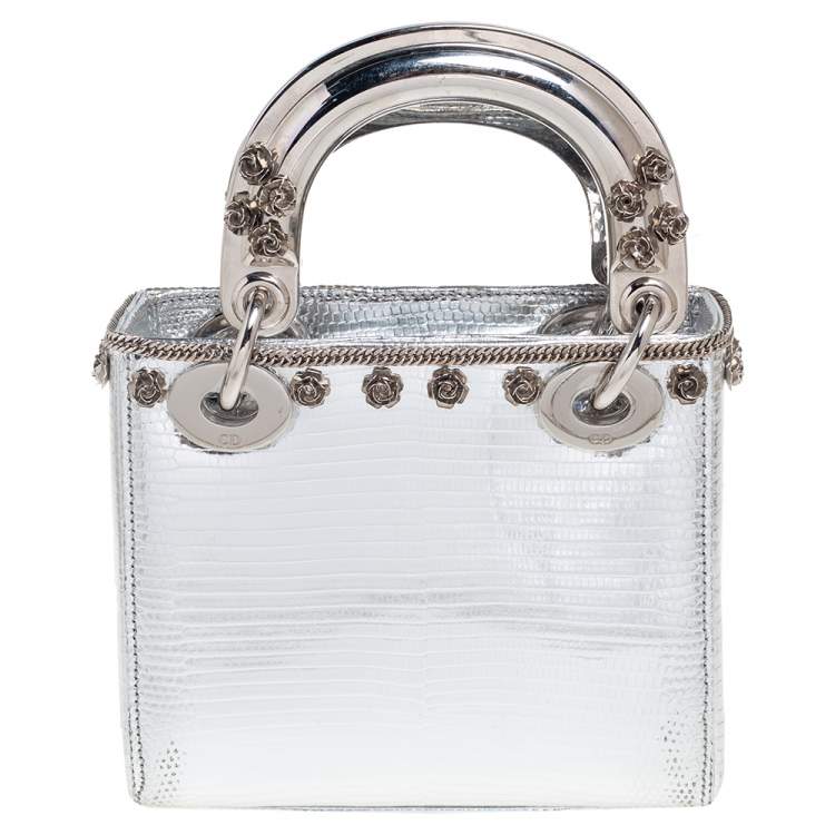 Pre Owned Dior Silver Lizard Embossed Leather Flower Studs Mini Lady Dior Tote